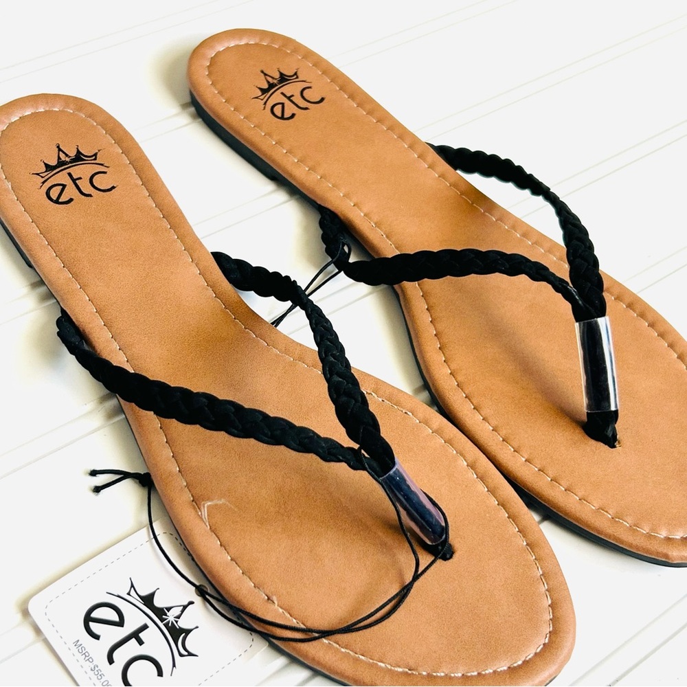 NWT Etc Braided Fabric Flip Flops Sandals Black